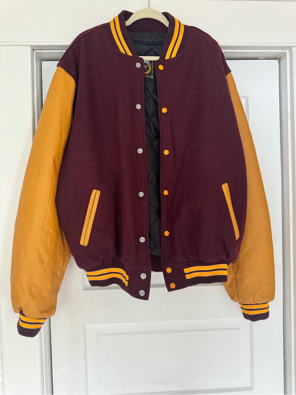 Men’s Varsity Jacket Maroon Wool with Yellow Leather Sleeves